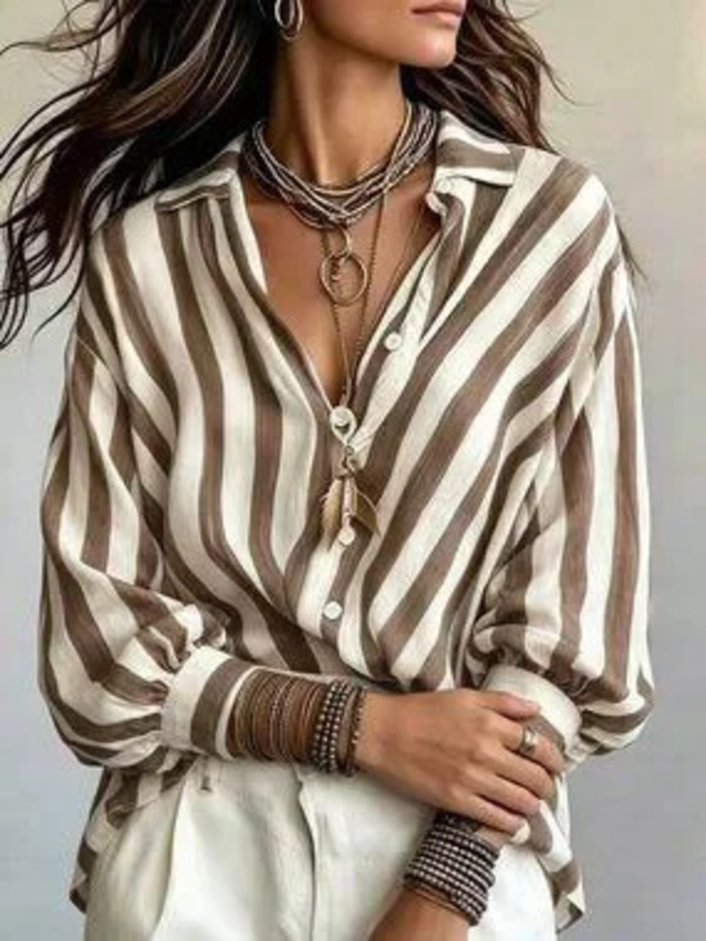 Brown Casual Women's Striped Oversized Long Shirt
